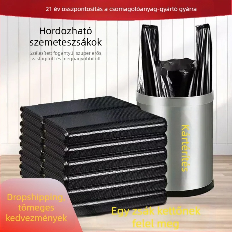 Fekete mellény-stílusú szemeteszsákok, vastagítottak, szivárgásbiztosak, tartósak, kollégiumokhoz és irodákhoz, egyszer használatos