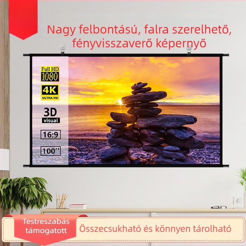 Hordozható, összecsukható falra szerelhető projektor-képernyő, 100 hüvelyk, 16:9, otthoni mozihoz