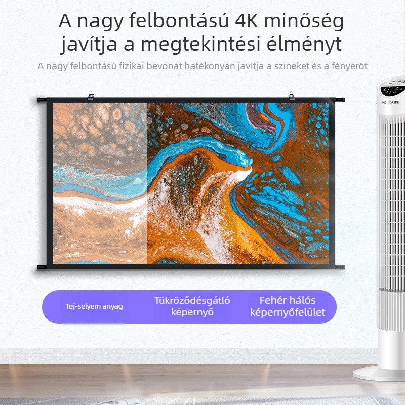 100 hüvelykes falra szerelhető vetítővászon rövid rúddal, fúrás nélküli telepítés, hordozható és könnyen tárolható, otthoni és irodai használatra, csillanásgátló felülettel