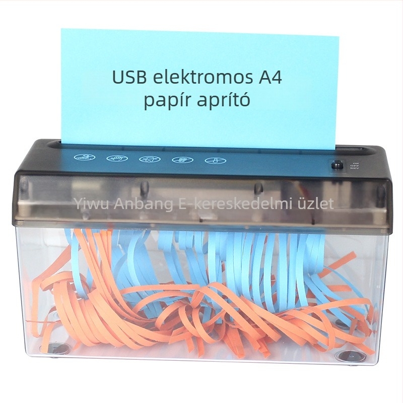 USB kettős használatú elektromos mini asztali papírszalagvágó, A4-es méret, 5 mm-es szalagokra, 9V, 10.8W, 2.6 L tartály, méretek 275×118×148 mm, 0.9 kg