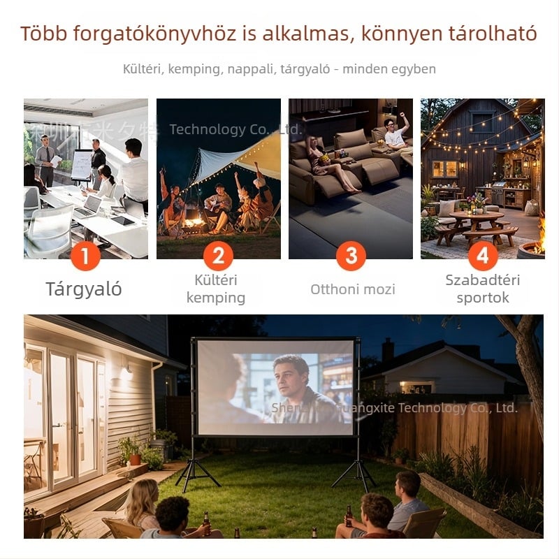 Kültéri vetítővászon állványos rendszerrel, 4K, kempingezéshez, szélálló