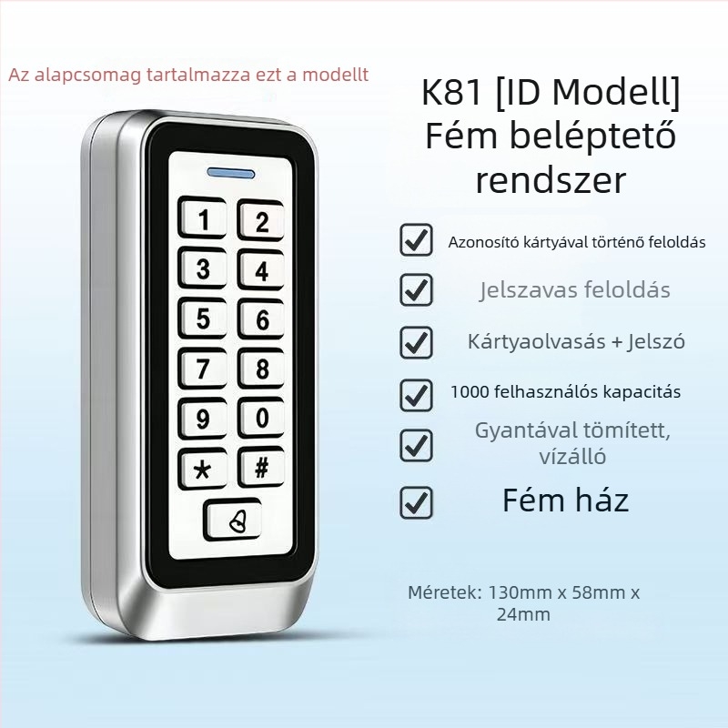 Fém hozzáférés-ellenőrző készülék, vízálló elektronikus hozzáférési rendszer, háttérvilágítású gombos kártyaolvasó és jelszóbemenet, irodai használatra