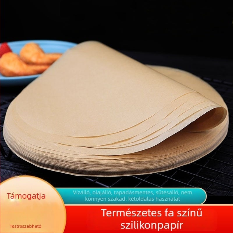 Természetes színű szilikon bevonat sütőpapír kerek formájú, grillsütéshez, olajfelszívó, zsírmentes, magas hőmérsékletnek ellenálló, tapadásmentes, többfunkciós.