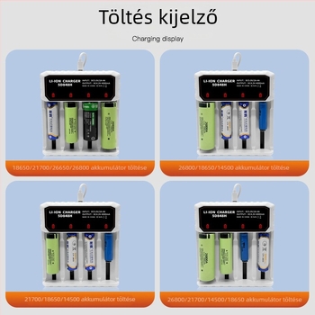 Lítium akkumulátor töltő 26650, 18650, 26800 és 21700 — intelligens négyhelyes töltő Type-C porttal