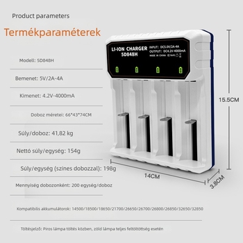 Lítium akkumulátor töltő 26650, 18650, 26800 és 21700 — intelligens négyhelyes töltő Type-C porttal