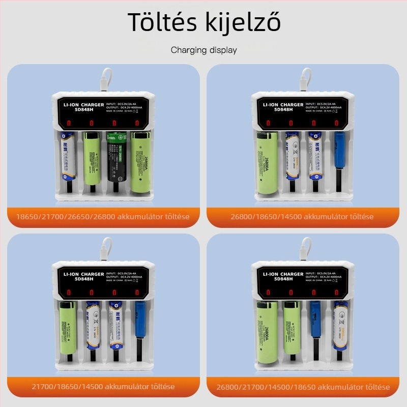 Lítium akkumulátor töltő 26650, 18650, 26800 és 21700 — intelligens négyhelyes töltő Type-C porttal