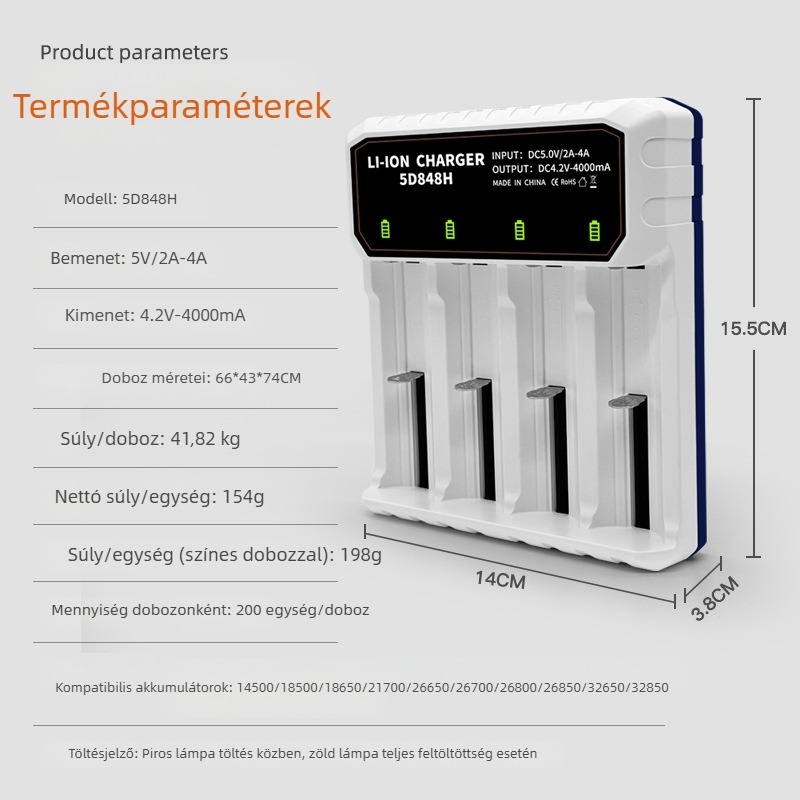 Lítium akkumulátor töltő 26650, 18650, 26800 és 21700 — intelligens négyhelyes töltő Type-C porttal