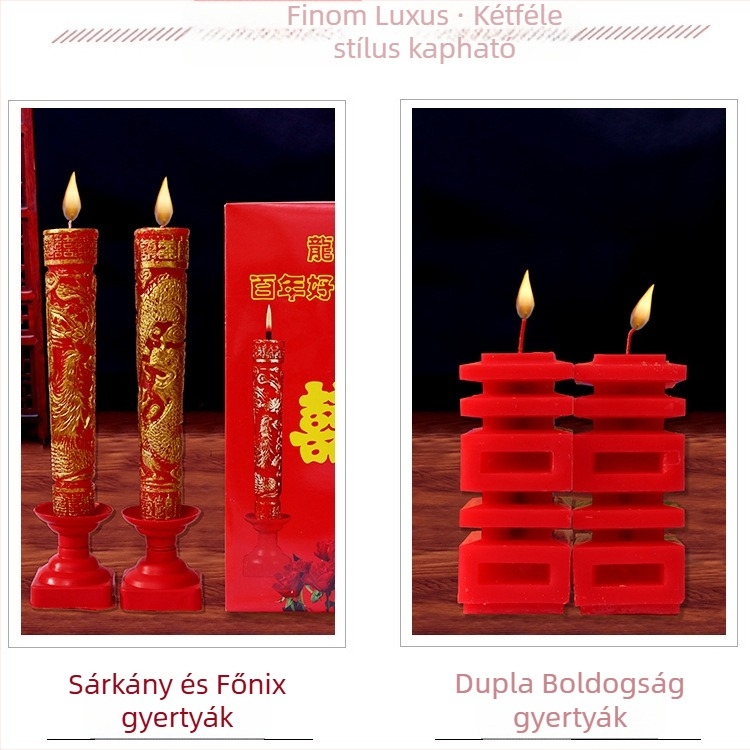 Füstmentes vörös esküvői gyertyák – pár a nász hálószobába, Sárkány és Főnix gyertyák készlet