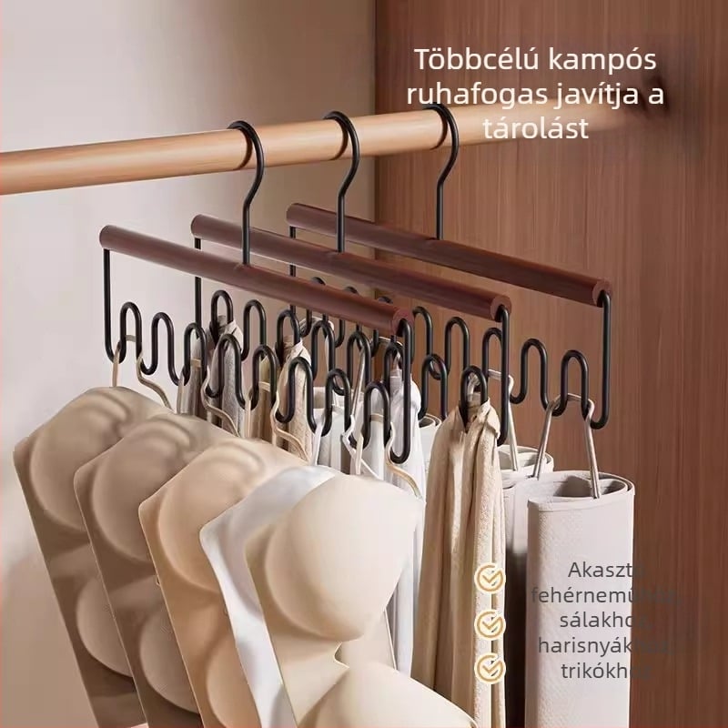 Többfunkciós vállfa toppokhoz és fehérneműkhöz, tömörfa akasztó, hullámmintás gardróbrendező