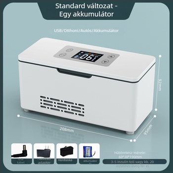 Hordozható inzulinhűtő, 0–18°C hűtés, USB töltés, autóban és otthon használható (12V/24V)