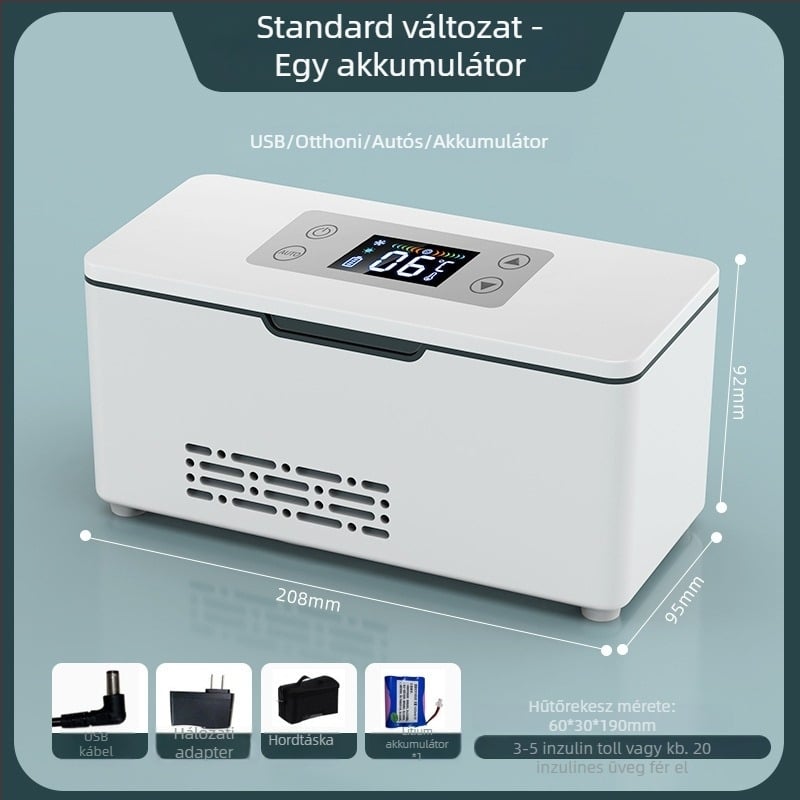 Hordozható inzulinhűtő, 0–18°C hűtés, USB töltés, autóban és otthon használható (12V/24V)