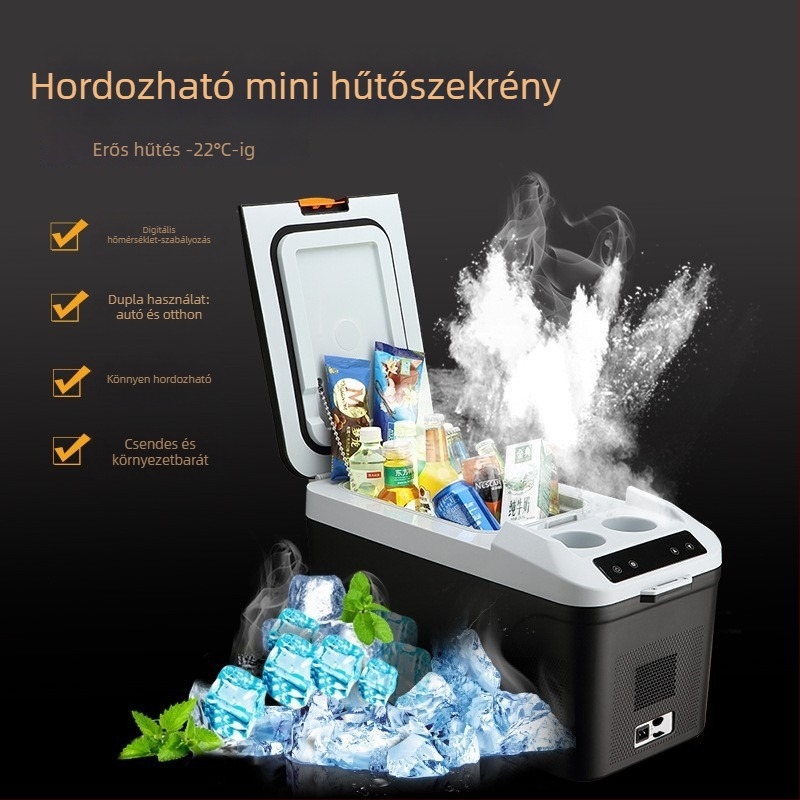 Hordozható DC-kompresszoros hűtő autóhoz és otthonhoz, 16–20 L, 12–24 V, mini hűtő kempingezéshez