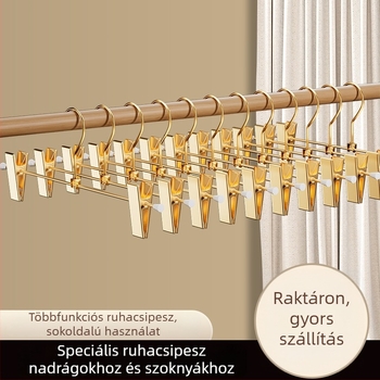 Aranyszínű fém nadrágtartó vállfa gardróbhoz, nadrág- és szoknyaklipszekkel