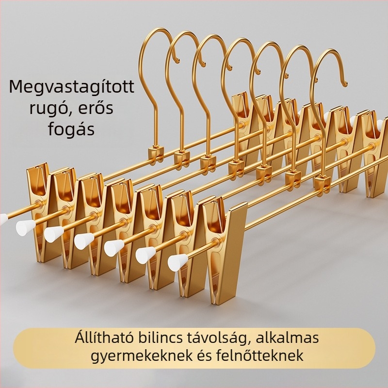 Aranyszínű fém nadrágtartó vállfa gardróbhoz, nadrág- és szoknyaklipszekkel