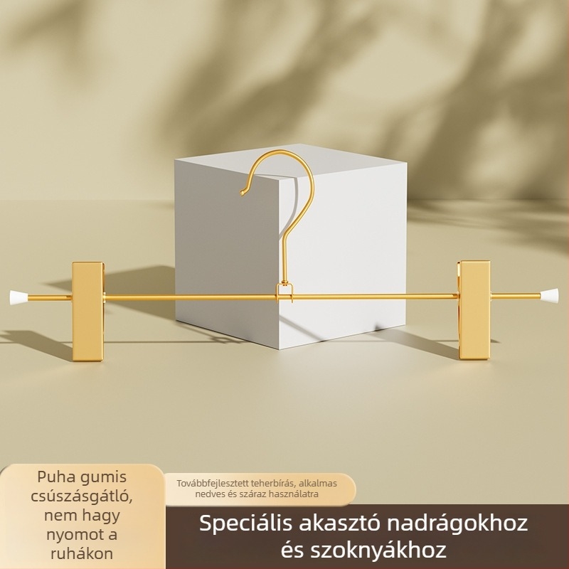 Aranyszínű fém nadrágtartó vállfa gardróbhoz, nadrág- és szoknyaklipszekkel
