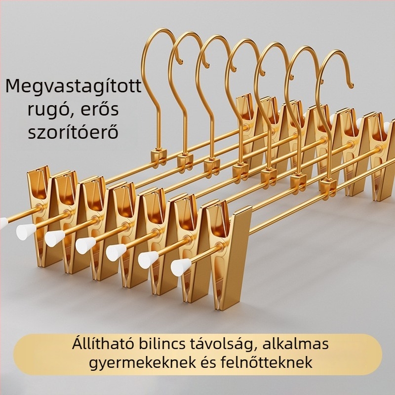 Aranyszínű fém nadrágtartó vállfa gardróbhoz, nadrág- és szoknyaklipszekkel