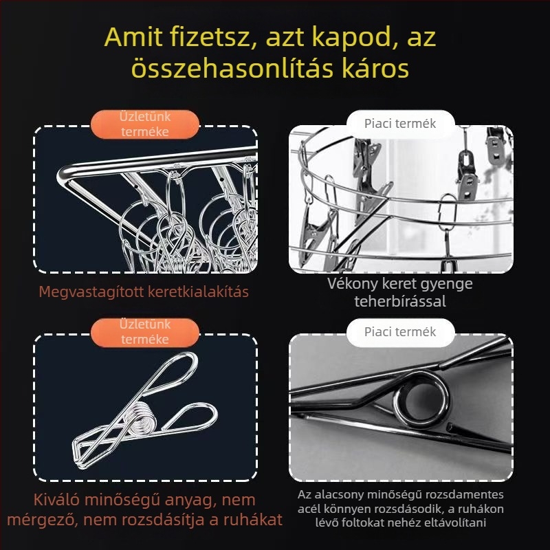 Rozsdamentes acél ruhaszárító állvány több rögzítő klipppel zoknik szárításához, négyzet alakú, masszív tároló állvány otthoni használatra