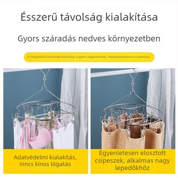 Kör alakú, 4,0 mm vastag rozsdamentes acél zokniszárító akasztó 20 csipesszel – többfejű ruhaszárító, zoknikhoz és ruházathoz