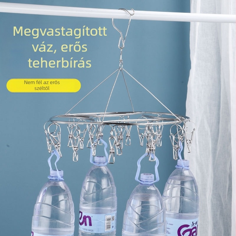 Kör alakú, 4,0 mm vastag rozsdamentes acél zokniszárító akasztó 20 csipesszel – többfejű ruhaszárító, zoknikhoz és ruházathoz