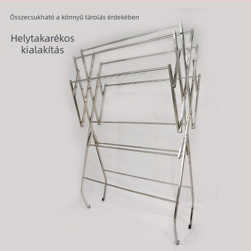 Padlóra álló ruhaszárító, több rúddal, rozsdamentes acélból, összecsukható, szárnyformájú kialakítás beltéri és kültéri használatra