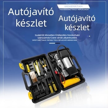 LED-es világítású autó légpumpa készlet, kéthengeres, hordozható szerszámosláda