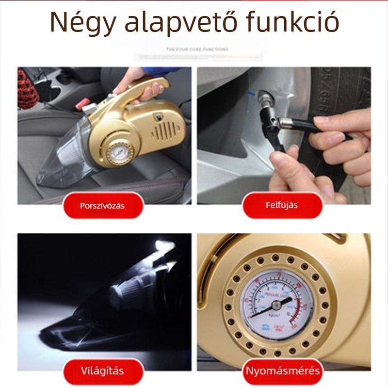 12V-os autós porszívó nedves-száraz üzemmóddal, többfunkciós, levegőpumpával, 4 az 1-ben