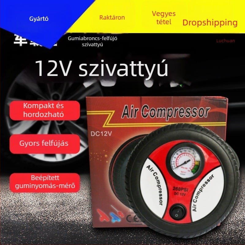 12V-os autóhoz készült hordozható, multifunkciós guminyomás-szivattyú digitális kijelzővel