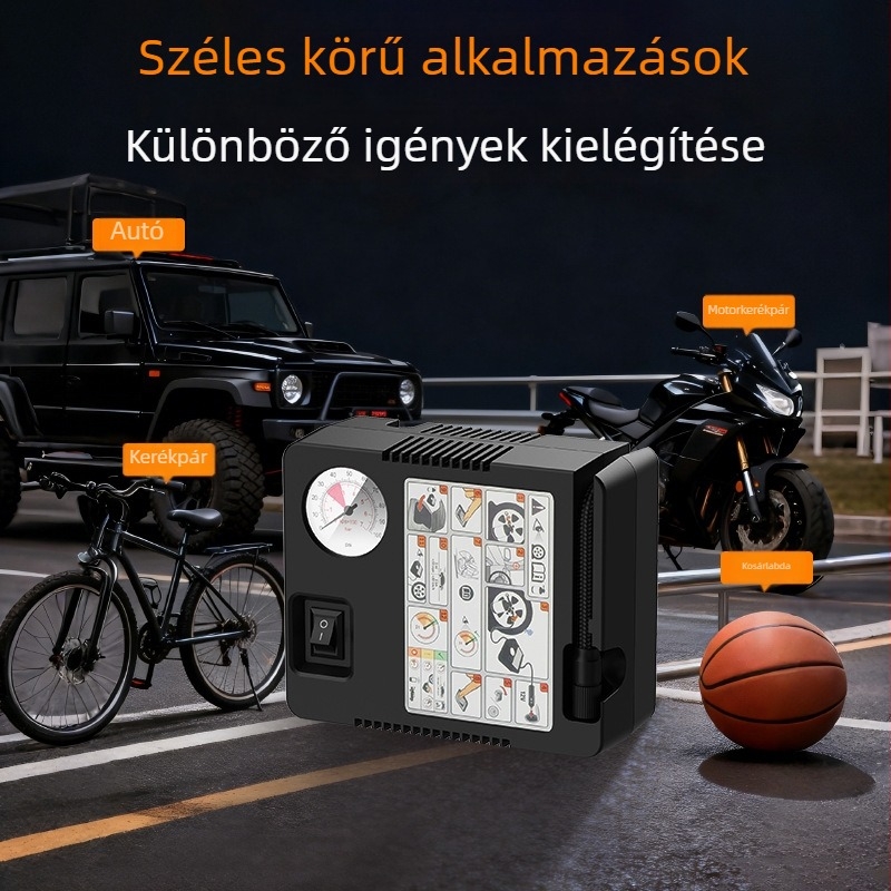 Hordozható autólégpumpa, gyors guminyomás autók és motorkerékpárok számára, kompakt elektromos autó pumpa nyomásmérővel