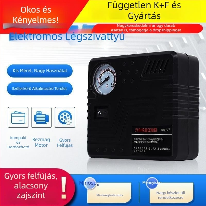 Hordozható 12V-os elektromos autógumi pumpa, négyszögletes formájú