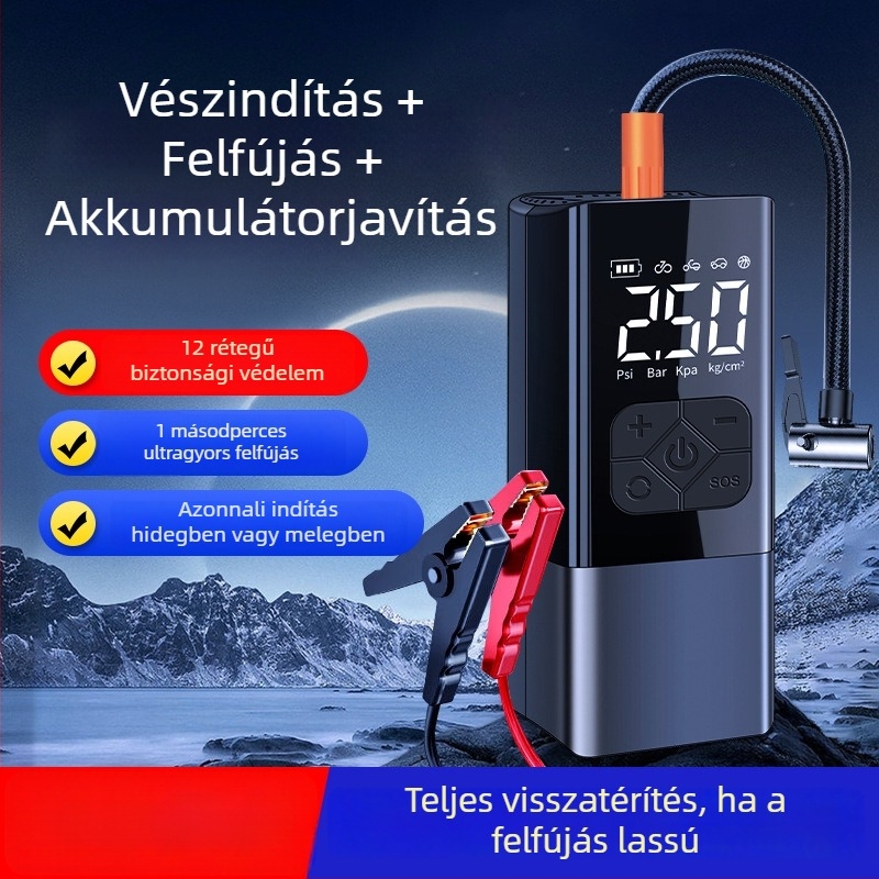 Vezeték nélküli autó felfújó pumpa digitális kijelzővel, 12V, hordozható vészindító áramforrás dízelautókhoz