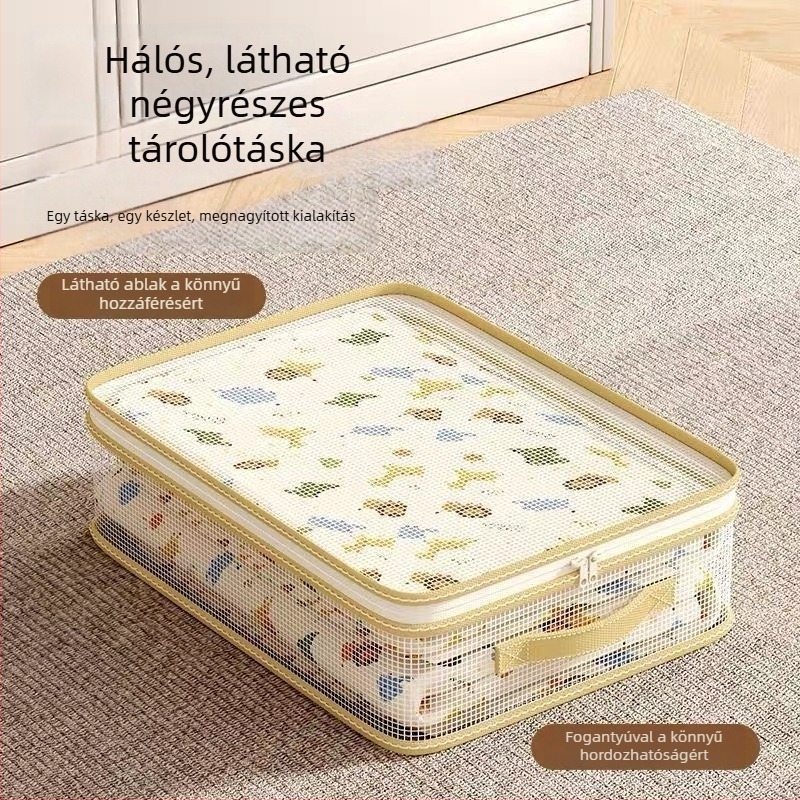 Hálós négy darabos tárolótáska-készlet ágyneműhöz, lepedőkhöz és ruházathoz; vízálló, nedvességálló és penészálló.