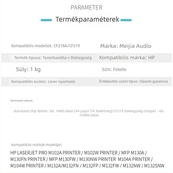Meijiayin kompatibilis HP CF218A tonerkazetta M132a, M132snw, M132fp és M104a dobegység