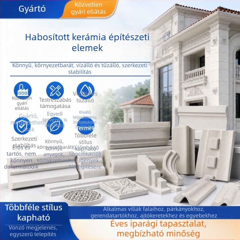 Habkérámia komponensek külső falak dekorációjához – reliefes, európai stílusú villa-gerendák tartói, külső övvonal és római oszlop paneljei