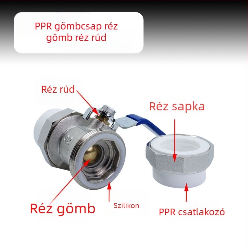 PPR kettős csatlakozású réz golyóscsap forrasztáshoz, kézi működtetés, méretek 20/25/32