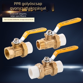 Sárgaréz dupla-uniós gömbcsap PPR csövekhez, belső és külső menet, kétirányú áramlás