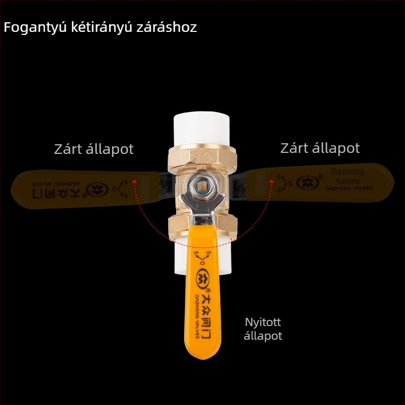 Sárgaréz dupla-uniós gömbcsap PPR csövekhez, belső és külső menet, kétirányú áramlás