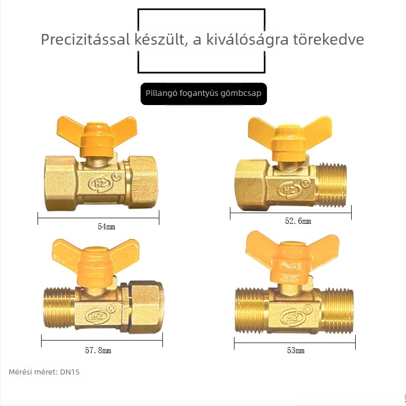Sárgaréz gázgolyócsap DN15, kézi működtetés, egyenes áteresztés, belső és külső menetek, pillangó fogantyú