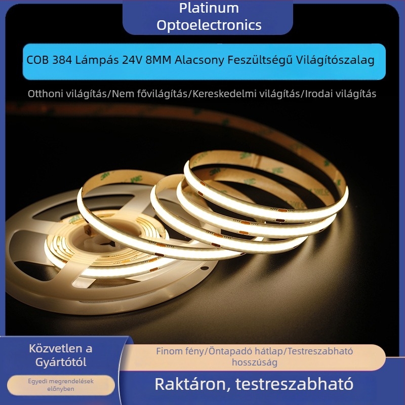 COB LED szalag 24V, 384 LED, 8 mm szélesség, rugalmas, magas fényerő, villogásmentes, mérnöki és otthoni dekorációhoz, testreszabható, 90 CRI, 10 W/m, élettartam 50 000 h