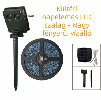 Kültéri napelemes LED világító szalag, 5V/3V, falra szerelhető udvar- és kertdekoráció, vízálló és fényes