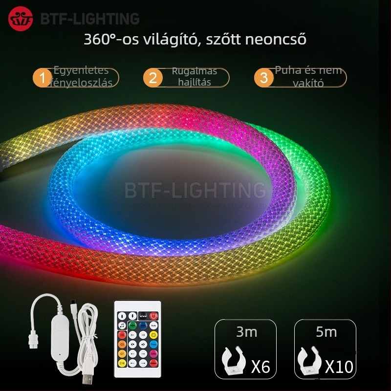 Rugalmas neon LED-szalag szövött textiltömlőben, körkörös 360°, kültéri vízálló reklámvilágítás