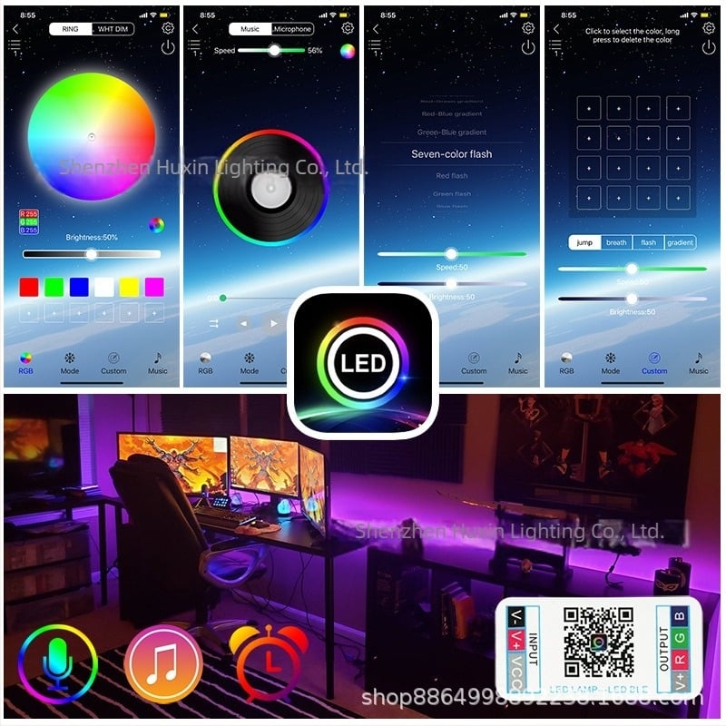5050 LED-szalag Bluetooth-alkalmazással, vezeték nélküli készlet, epoxidos bevonattal, vízálló, multicolor, 12V-os, rugalmas fénycsík zenével szinkronizálva