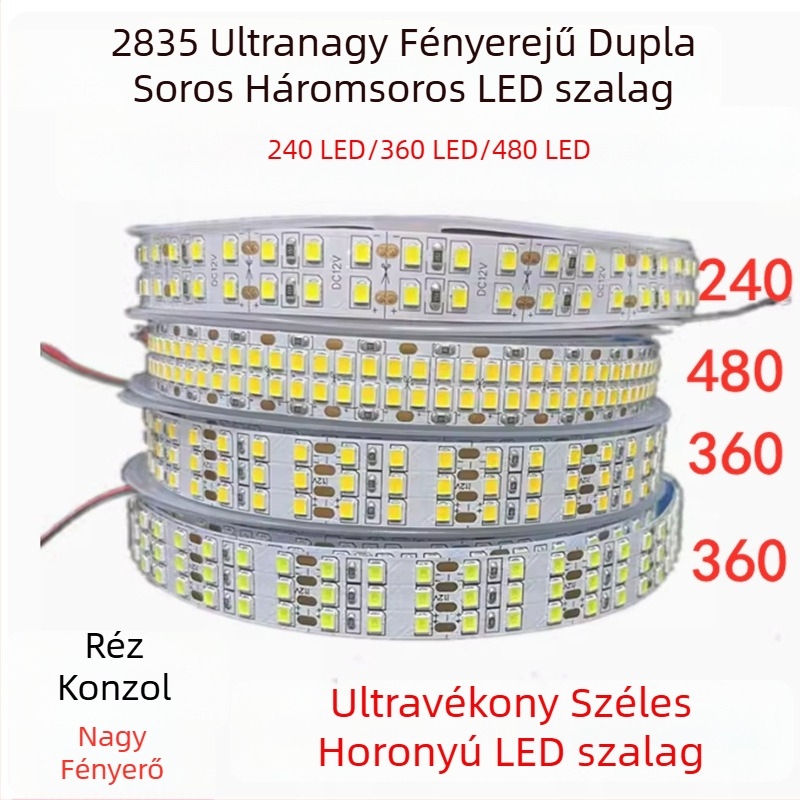 12V/24V LED-szalag 2835, öntapadó dupla sor, mennyezeti világítás 240/360/480 LED-del