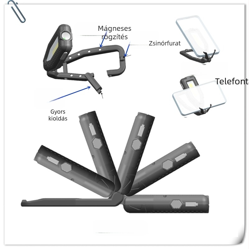 Többfunkciós USB-töltésű LED munka lámpa mágneses kampóval, kempingezéshez és hátizsák jelzőfényhez