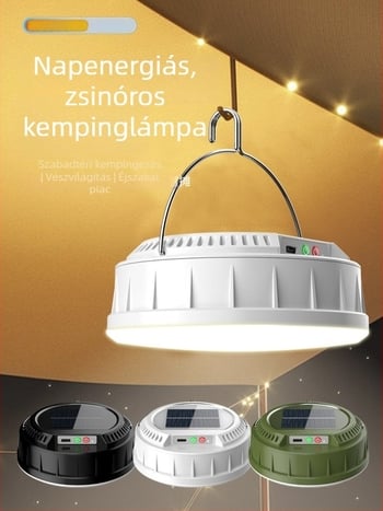 Napelemes kempinglámpa töltő LED-del, kültéri hangulatvilágítás és vészvilágító lámpa, színes fényfüzérek, mérőszalag és kempinglámpa tároló