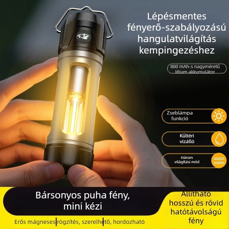Kültéri többfunkciós kempinglámpa lépésmentes fényerő-szabályozással, hosszú akkumulátor-üzemidővel, akasztó-tartóval, hangulatvilággal és zseblámpával