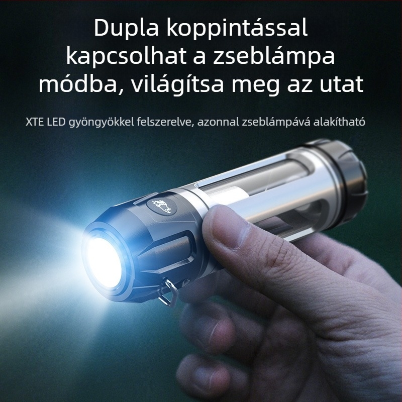 Kültéri többfunkciós kempinglámpa lépésmentes fényerő-szabályozással, hosszú akkumulátor-üzemidővel, akasztó-tartóval, hangulatvilággal és zseblámpával