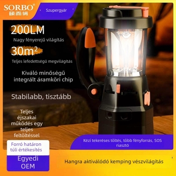 Kézi tekerővel tölthető vészvilágítás kempingezéshez, LED-del, rádióval és riasztóval, hordozható