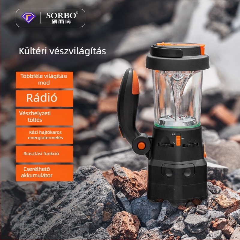 Kézi tekerővel tölthető vészvilágítás kempingezéshez, LED-del, rádióval és riasztóval, hordozható