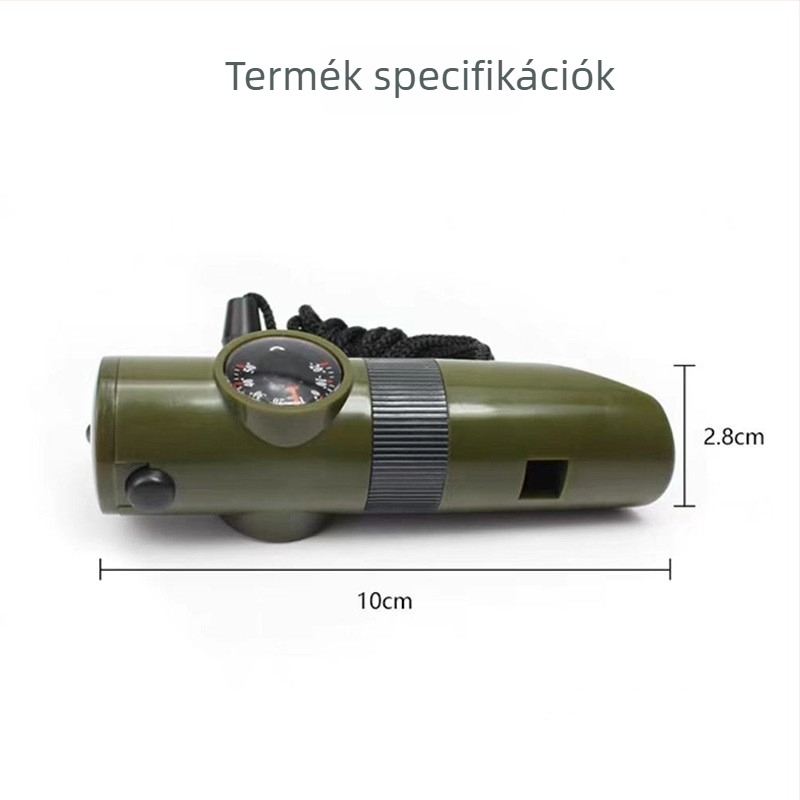 7–az–1 funkciójú kemping síp LED világítással, hőmérővel és iránytűvel