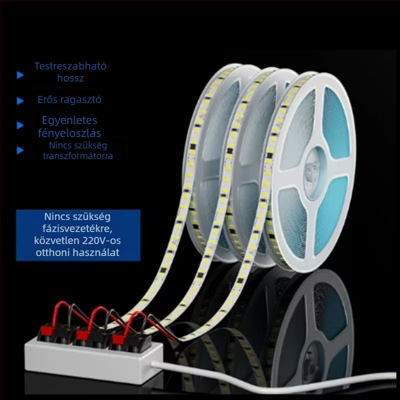 220V-os rendkívül fényes LED-szalag driver nélkül, öntapadós, 120 LED, 8 mm, 12W, nem vízálló, lineáris dekoratív világítás